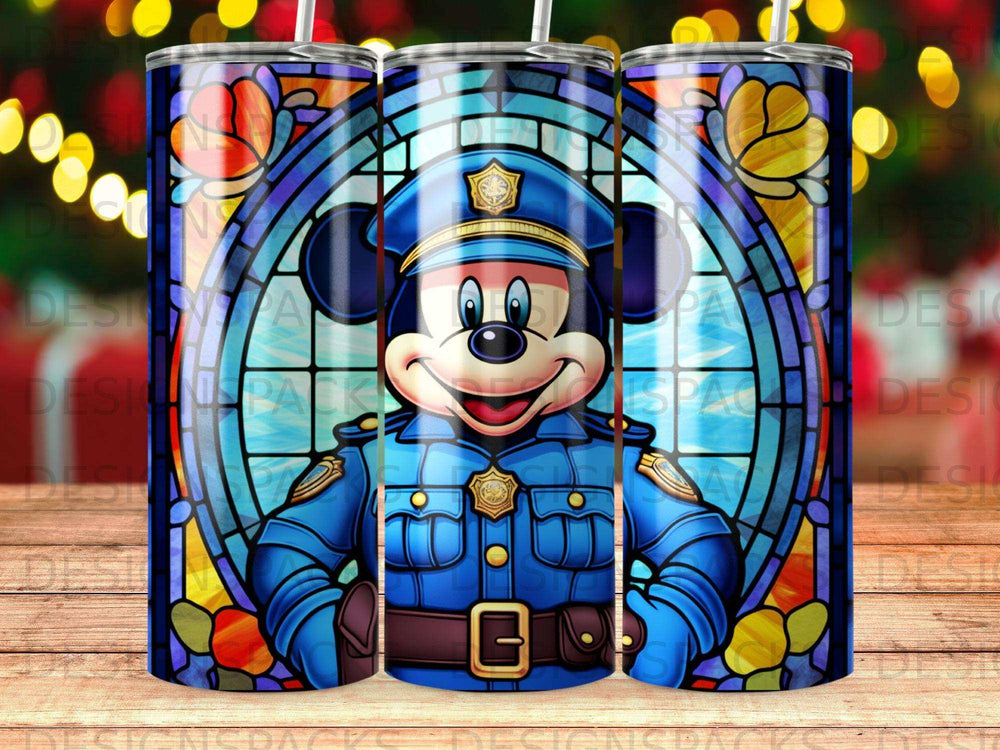Mickey Mouse in a police uniform against a stained glass background.