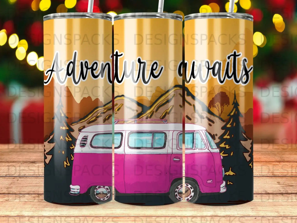 Pink camper van with "Adventure awaits" text, surrounded by trees.