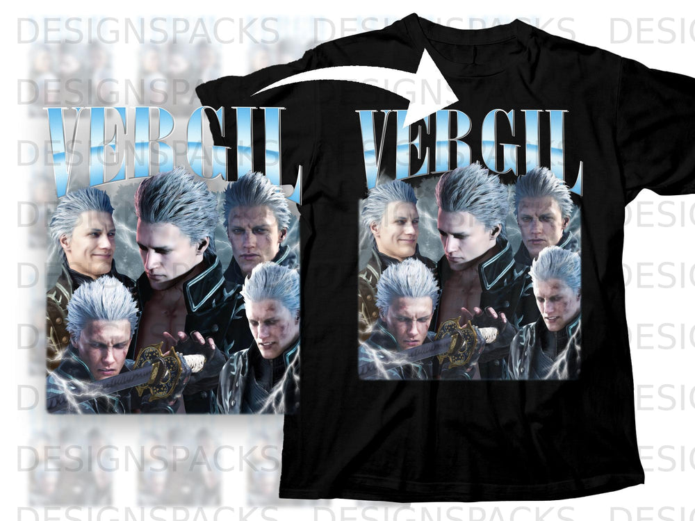 Black t-shirt with "VERGIL" text and four images of the character.
