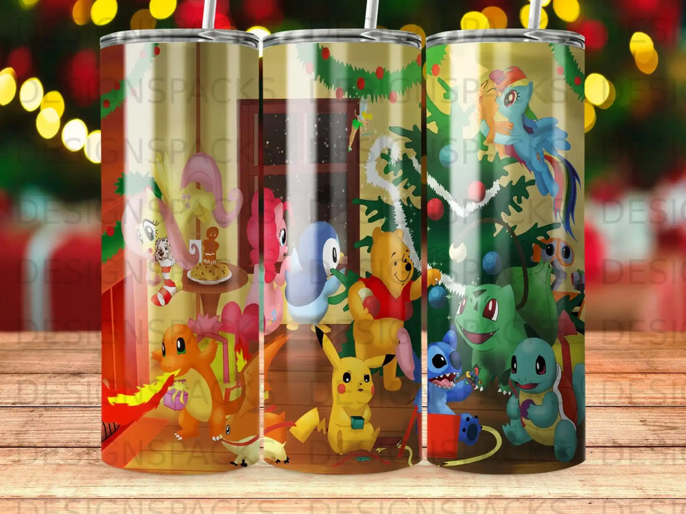 Collage of cartoon characters on a tumbler, including Pikachu, Winnie the Pooh, and Stitch.