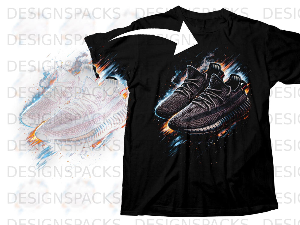 Black t-shirt featuring a graphic of two dark athletic shoes with fiery accents.