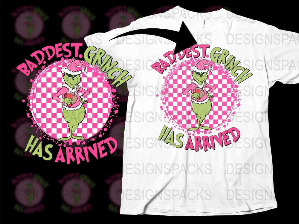 Grinch Themed T-Shirt, Baddest Grinch Has Arrived, Pink Checkered Background, Holiday Tee
