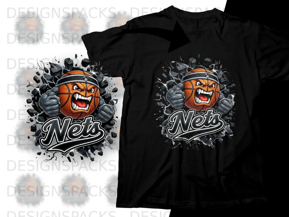 Basketball character with fierce expression on a black t-shirt.