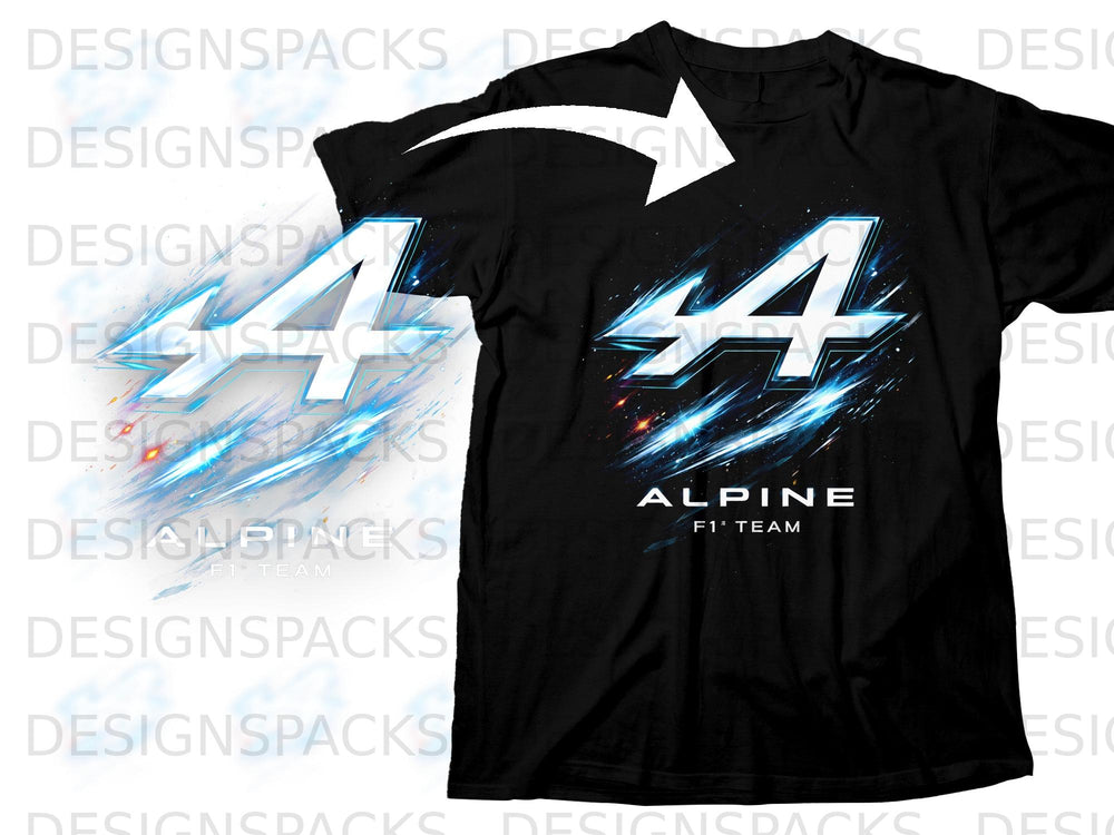 Black t-shirt with Alpine F1 Team logo and blue lightning graphic.
