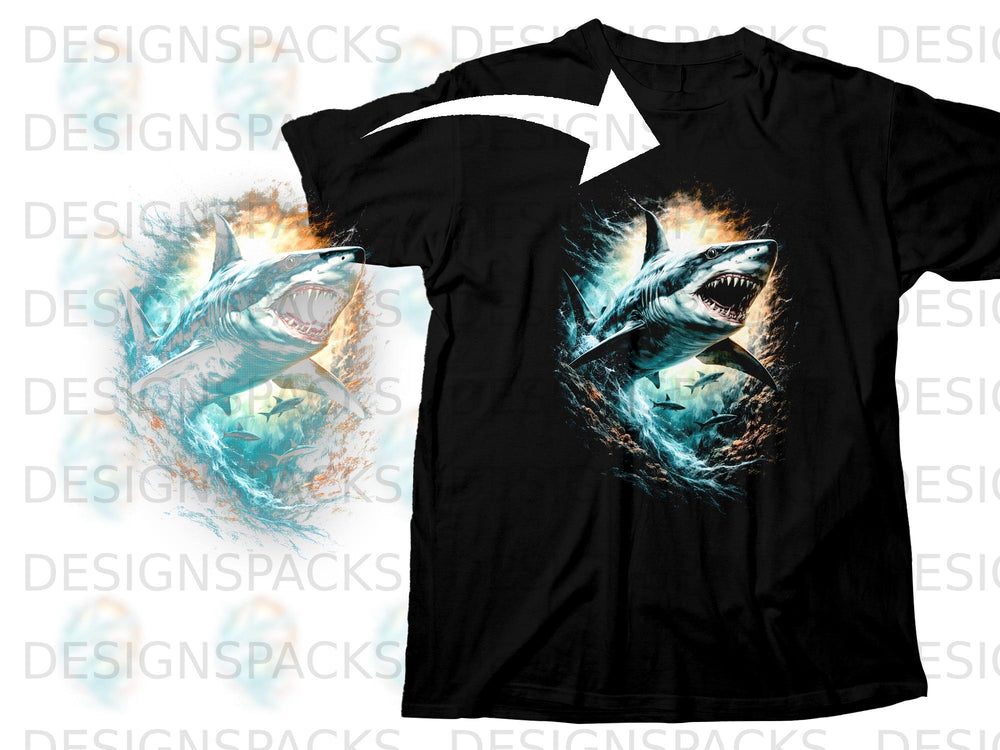 Black t-shirt with a graphic of a shark and smaller fish in swirling water.