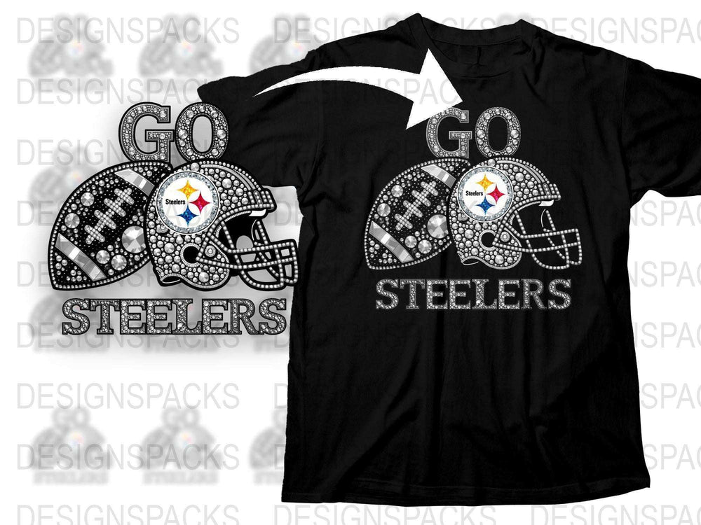 Pittsburgh Football Team Rhinestone T-Shirt, Black Sports Fan Tee, Go Steelers Helmet Design Shirt