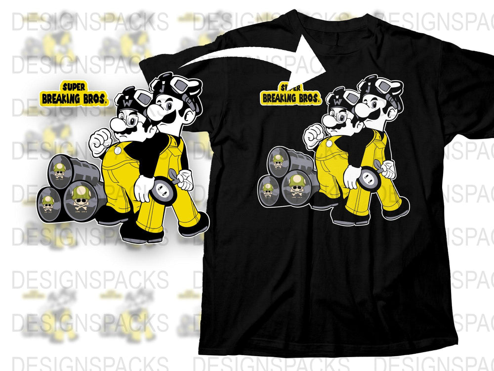 Cartoon Plumber Bros Black T-Shirt, Retro Video Game Character Tee, Fun Graphic Shirt for Gamers