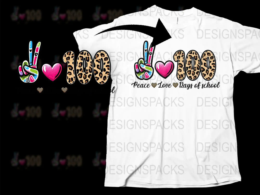 100 Days of School T-Shirt, Leopard Print, Peace Love, Teacher Tee, Student Celebration Shirt, Colorful Graphic Design