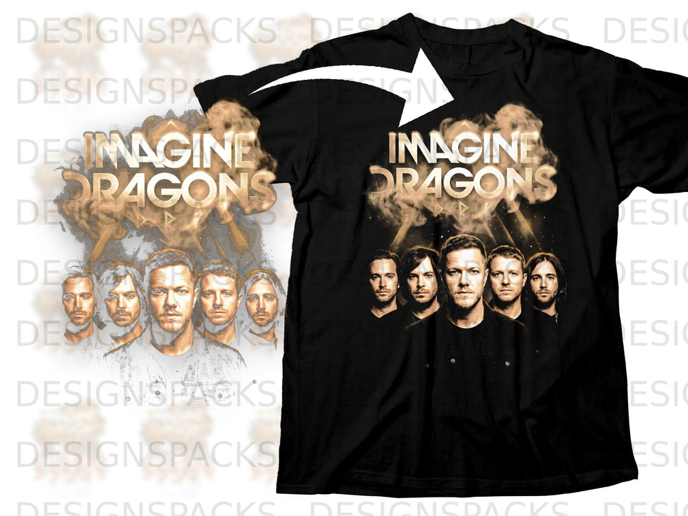 Black t-shirt with Imagine Dragons band members and logo graphic.