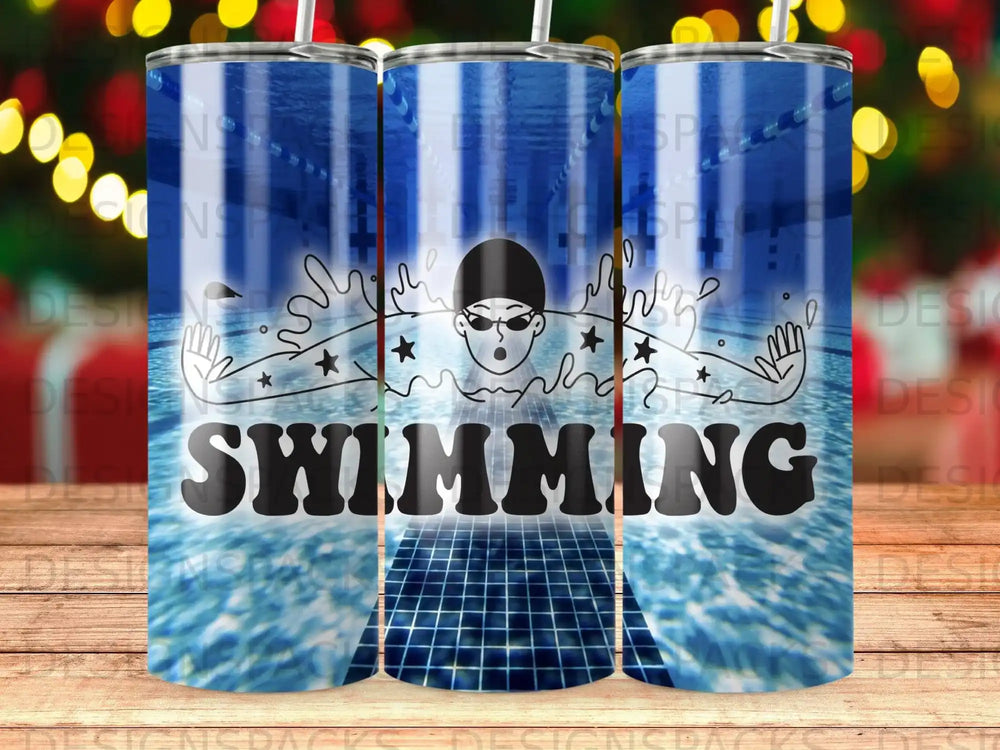 Tumbler with swimming graphic and "SWIMMING" text on a pool background.
