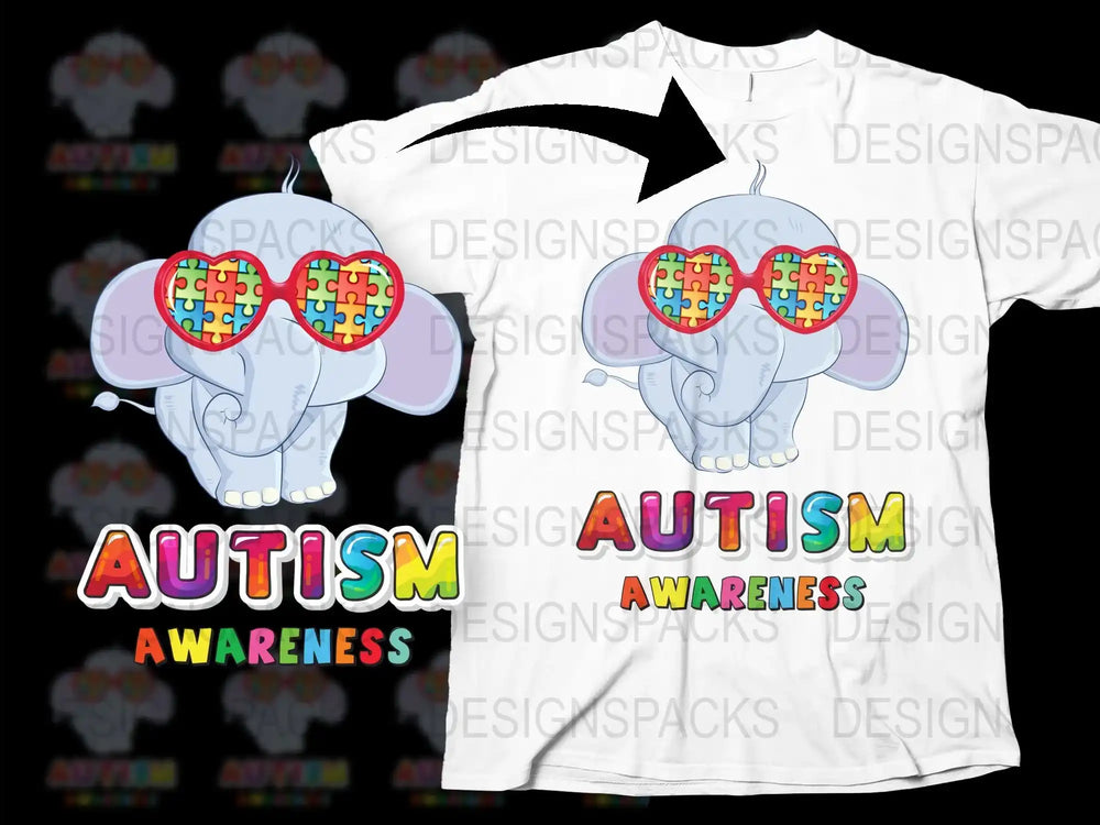 Autism Awareness T-Shirt, Elephant Graphic, Colorful Puzzle Design, Support Tee