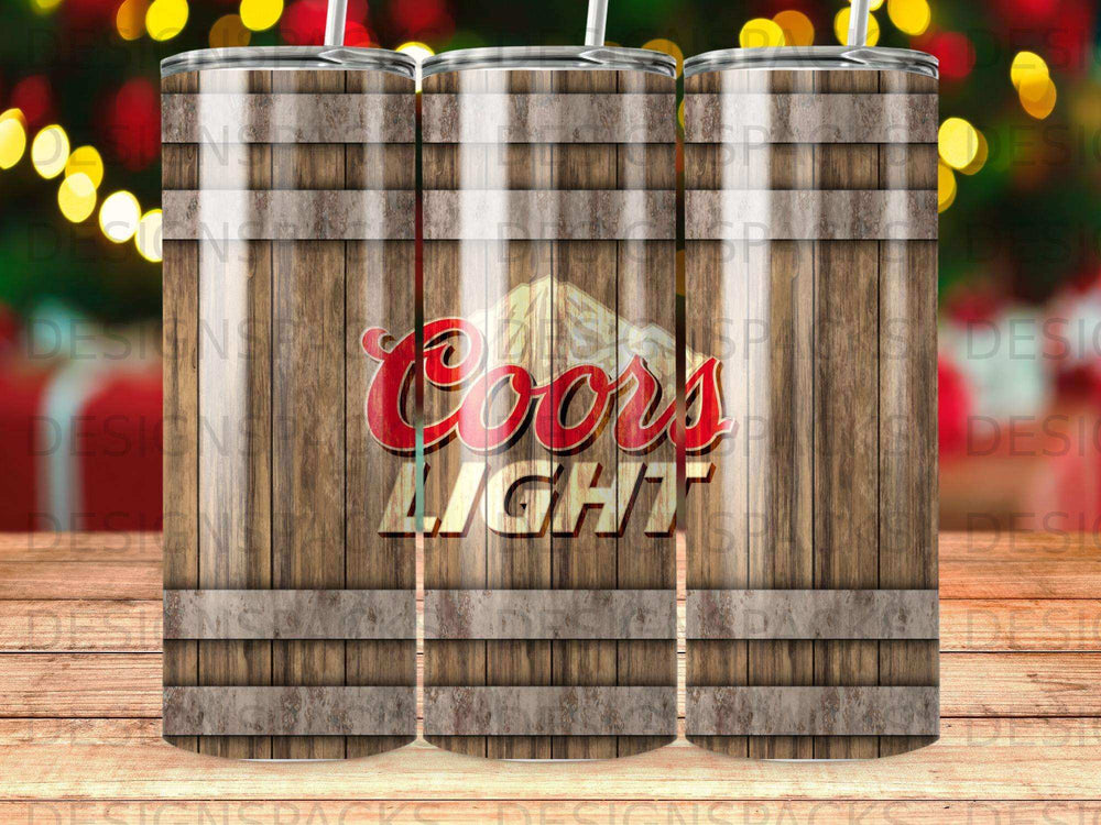 Coors Light logo on a wooden barrel pattern tumbler.
