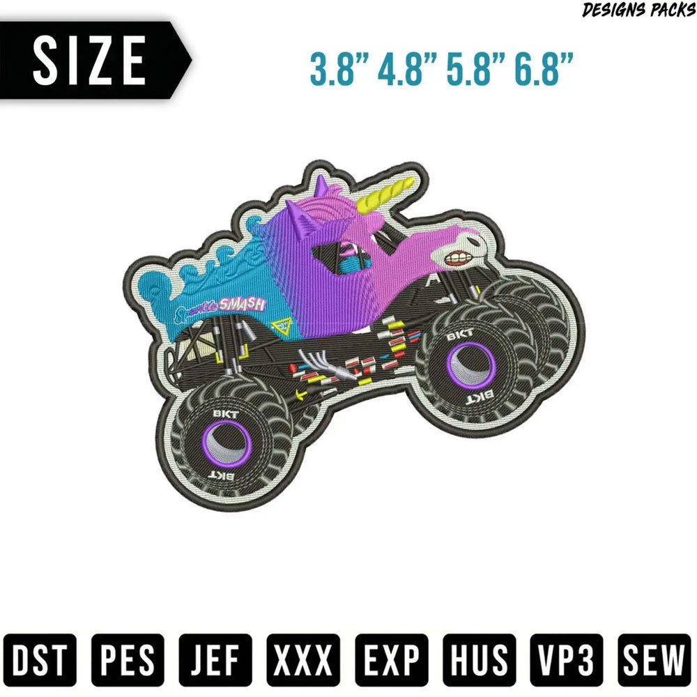 Unicorn monster truck embroidery design with multiple size options.