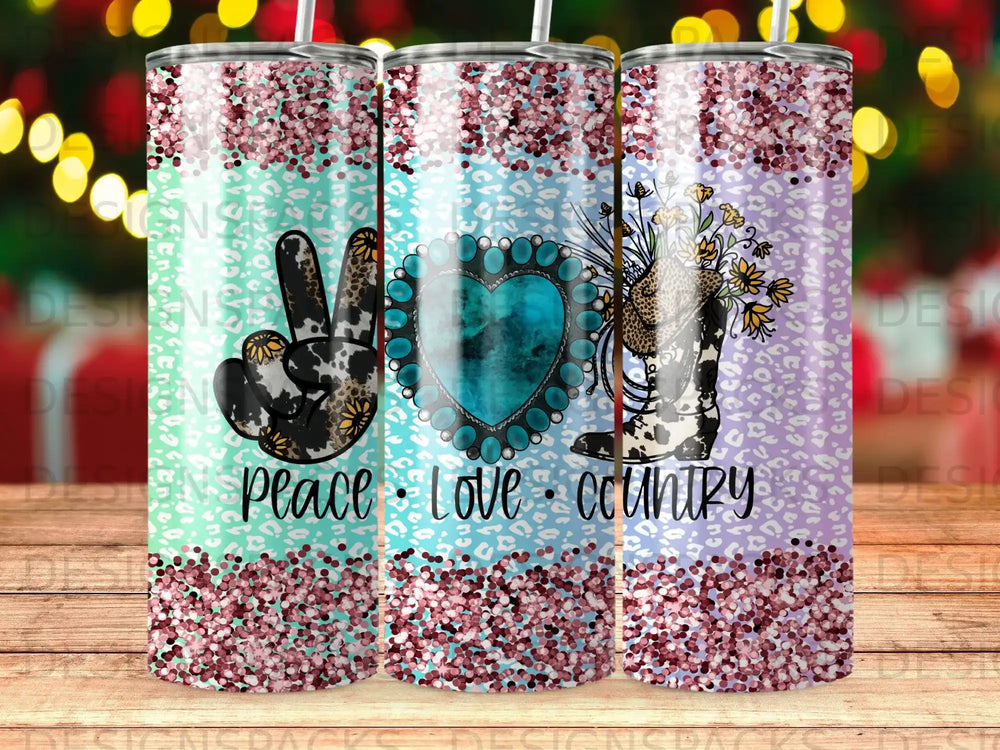 Peace, love, country design on three tumblers with glitter and leopard print accents.