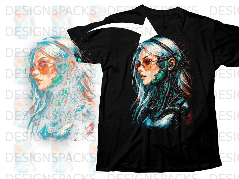 Black t-shirt with a cyberpunk woman graphic, featuring mechanical elements.