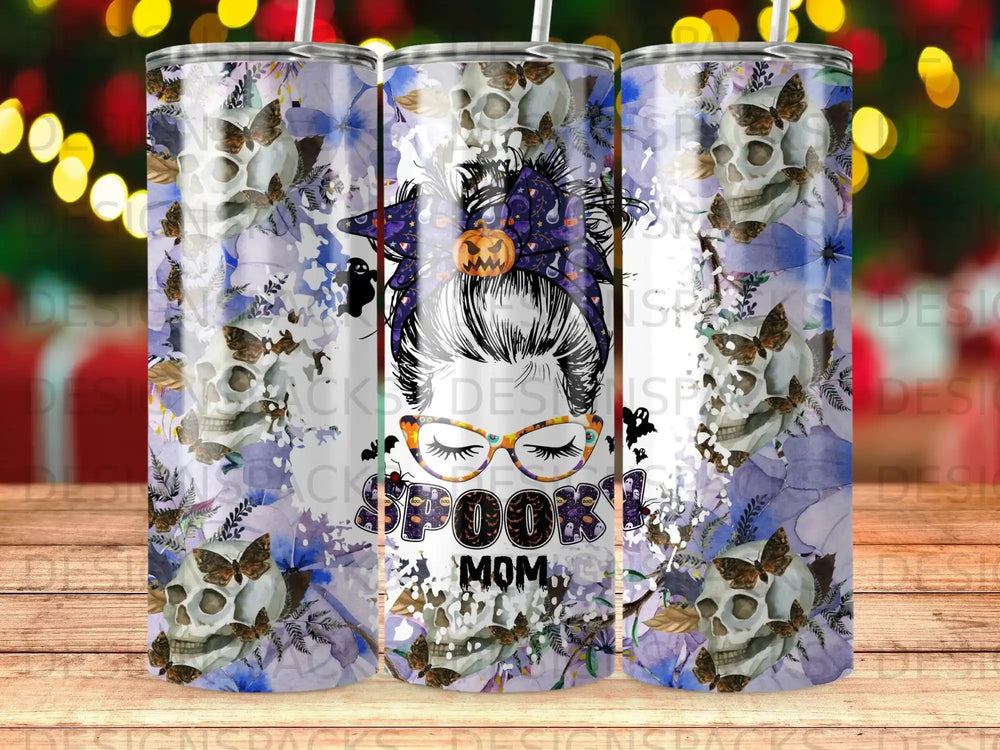 Tumbler with skulls, butterflies, and "Spooky Mom" text.