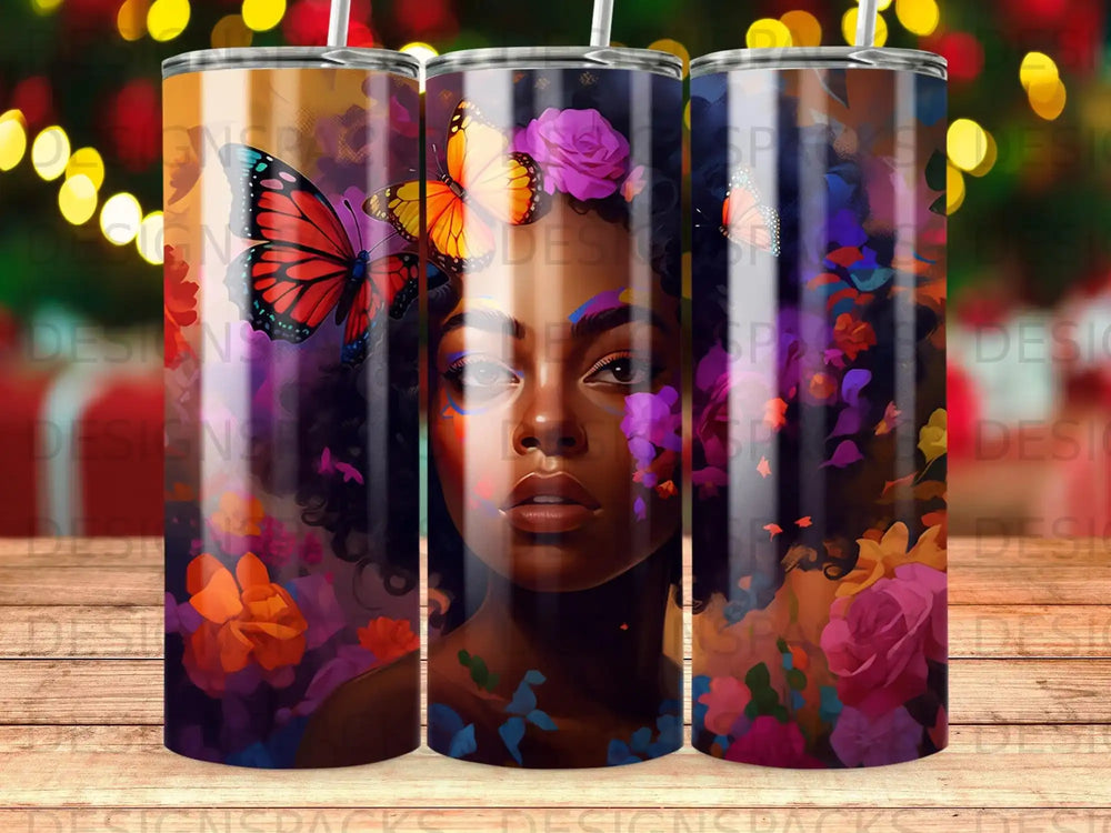 Woman with butterflies and flowers on a colorful tumbler.