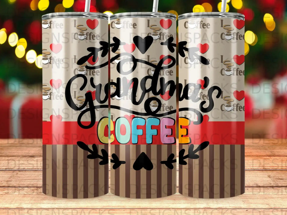Grandma's Coffee, heart and coffee cup graphic, brown background.