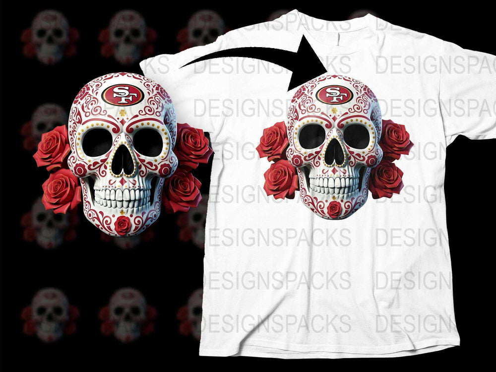 Sugar Skull T-Shirt with Red Roses, Day of the Dead Cotton Tee, Men's Women's Goth Fashion, Unique Halloween Apparel