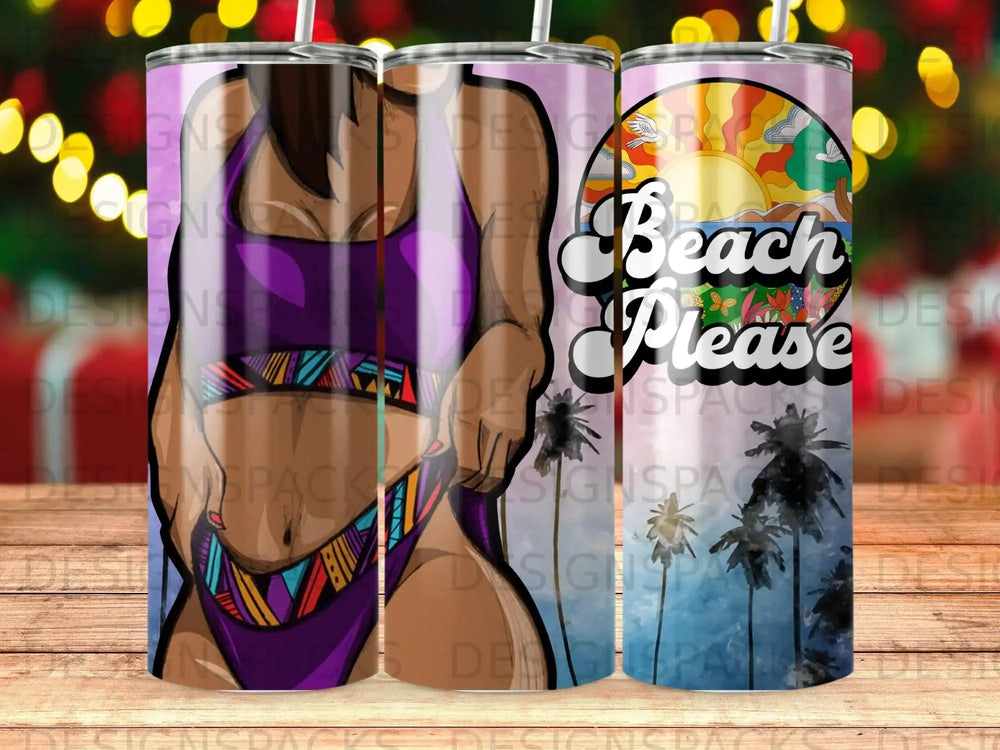 Purple bikini girl with "Beach Please" text and palm trees.