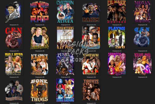 Print-ready DTF DTG designs featuring hip hop, rap, and celebrity themes for t-shirts and merch