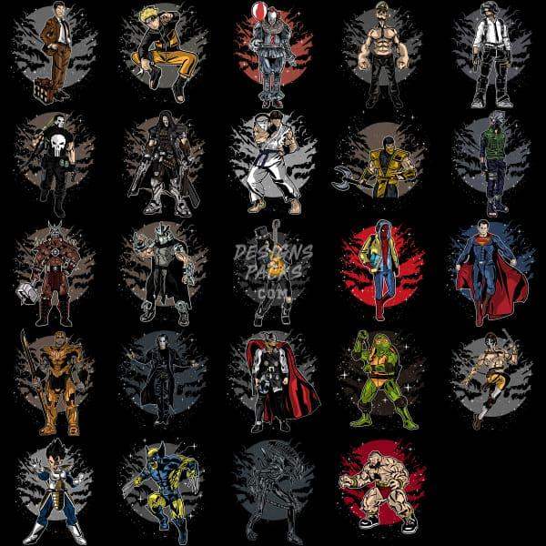 47 Pop culture Heroes Mix Designs Bundle PNG designspacks