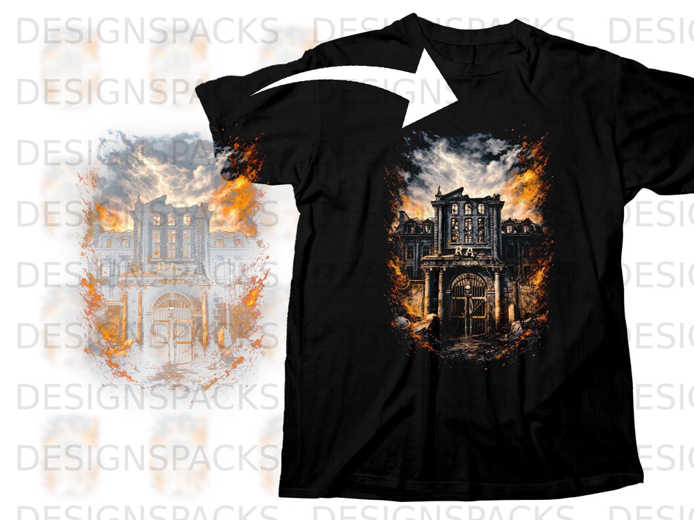 Black t-shirt with a graphic of a burning building under stormy skies.