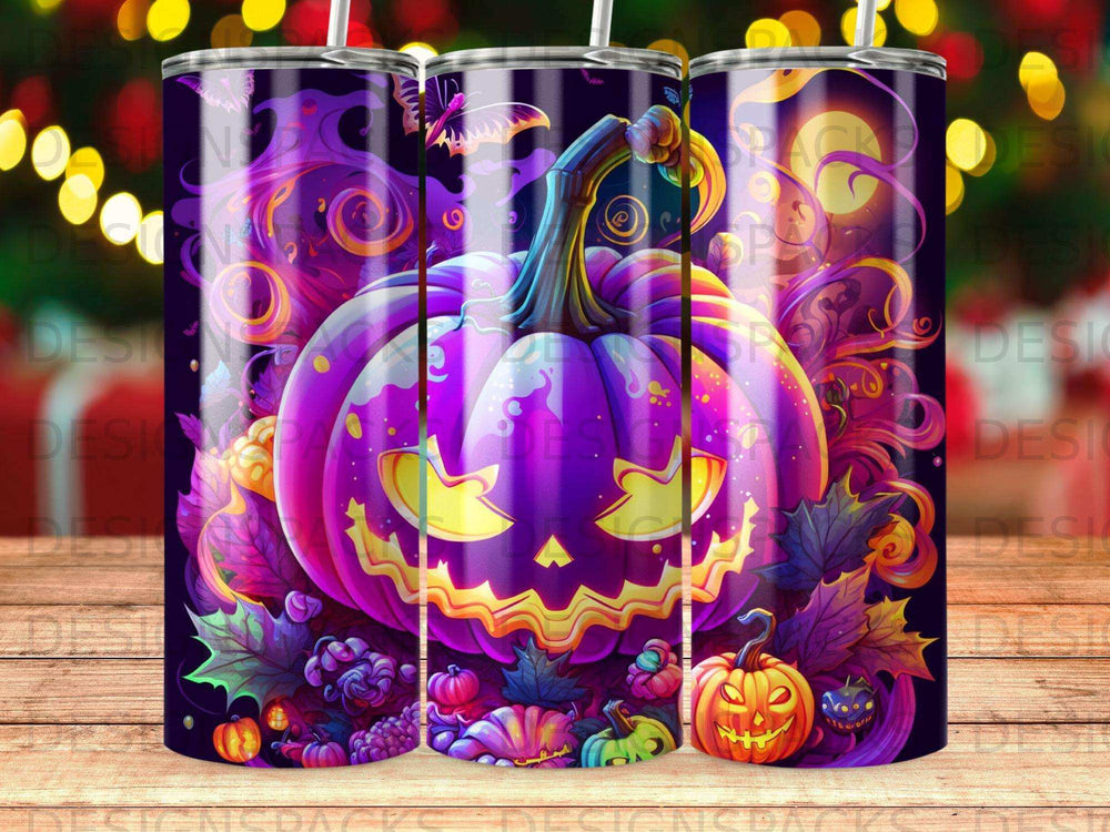 Purple jack-o'-lantern with glowing eyes and smiling mouth, surrounded by Halloween elements.