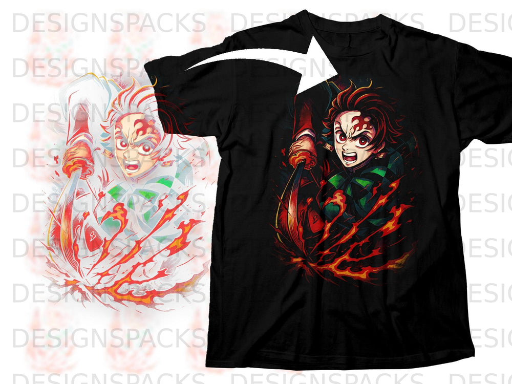 Black t-shirt with animated character wielding a sword and fiery effects.