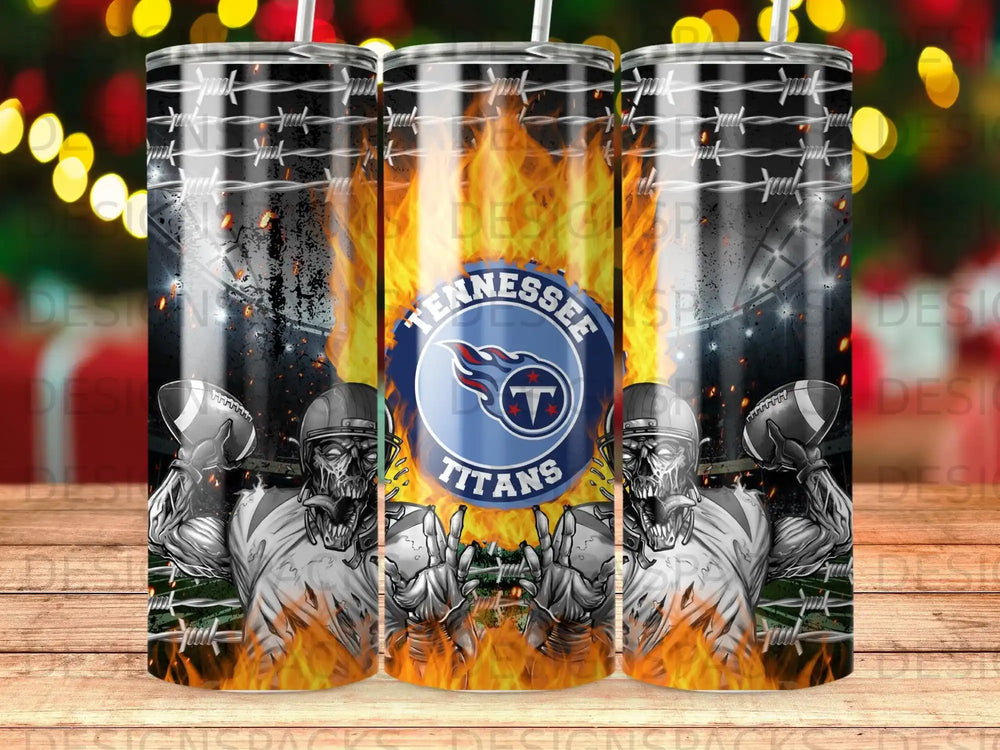Tennessee Titans football players on a tumbler with flames and barbed wire.