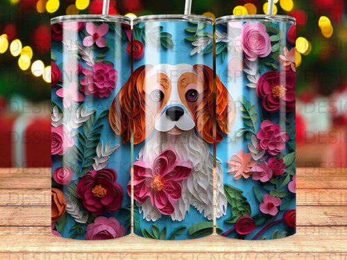 Dog surrounded by colorful paper flowers on a blue floral background.