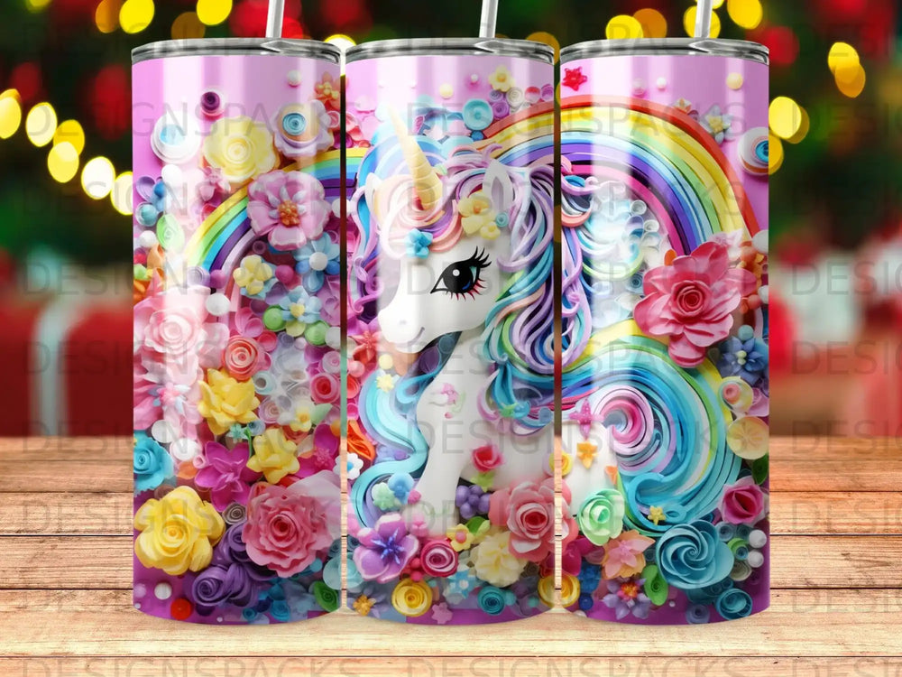 Unicorn with rainbow and vibrant floral background on a pink tumbler.