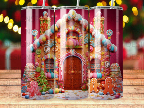 Gingerbread house with candy decorations, two gingerbread men, and holiday lights.