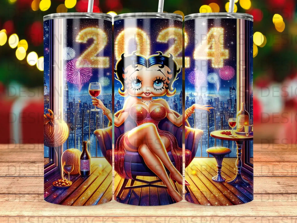 Betty Boop in sparkly dress holds wine glass, cityscape and fireworks background.