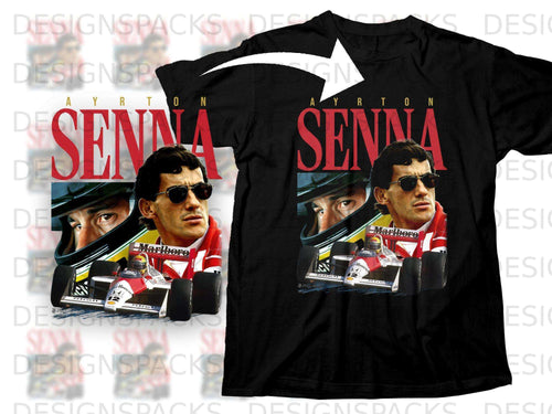 Black t-shirt featuring Ayrton Senna driving a Marlboro McLaren car.