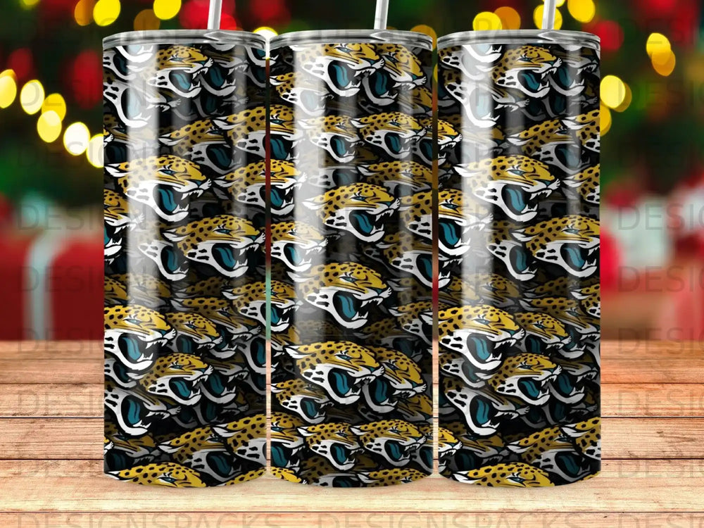 Three tumblers with a repeating pattern of a Jacksonville Jaguars logo.