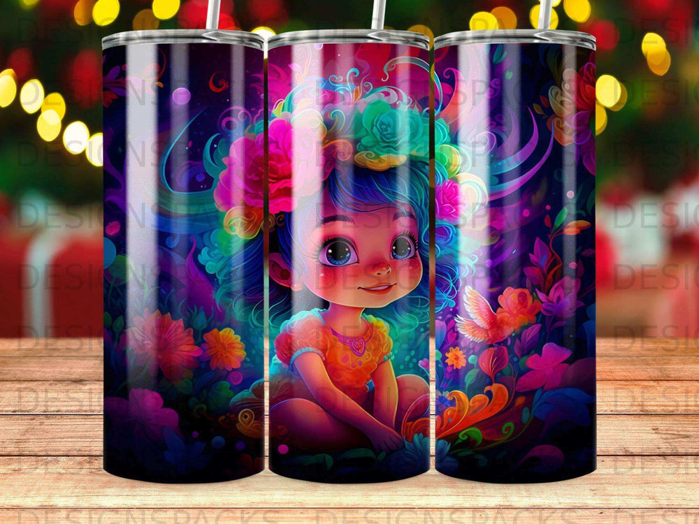 Cartoon girl with colorful flowers in hair and bright jungle background.