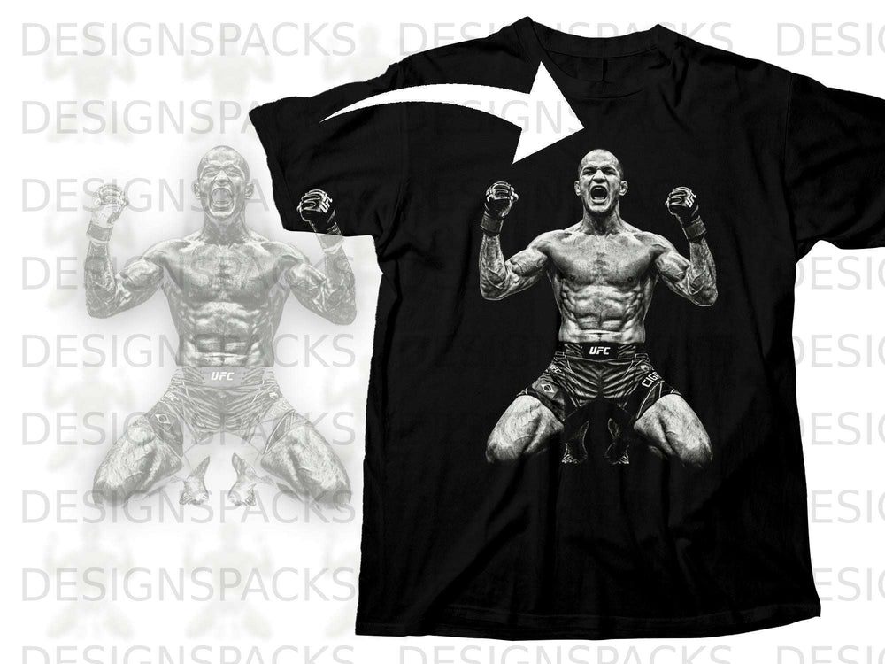 Black t-shirt with a black and white graphic of a muscular UFC fighter celebrating.