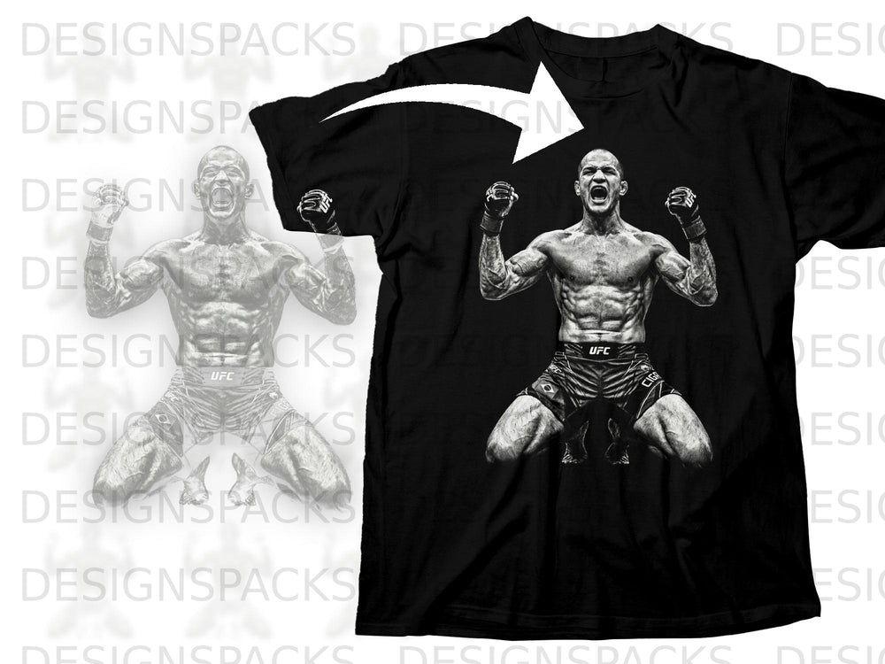 Black t-shirt with a black and white graphic of a muscular UFC fighter celebrating.