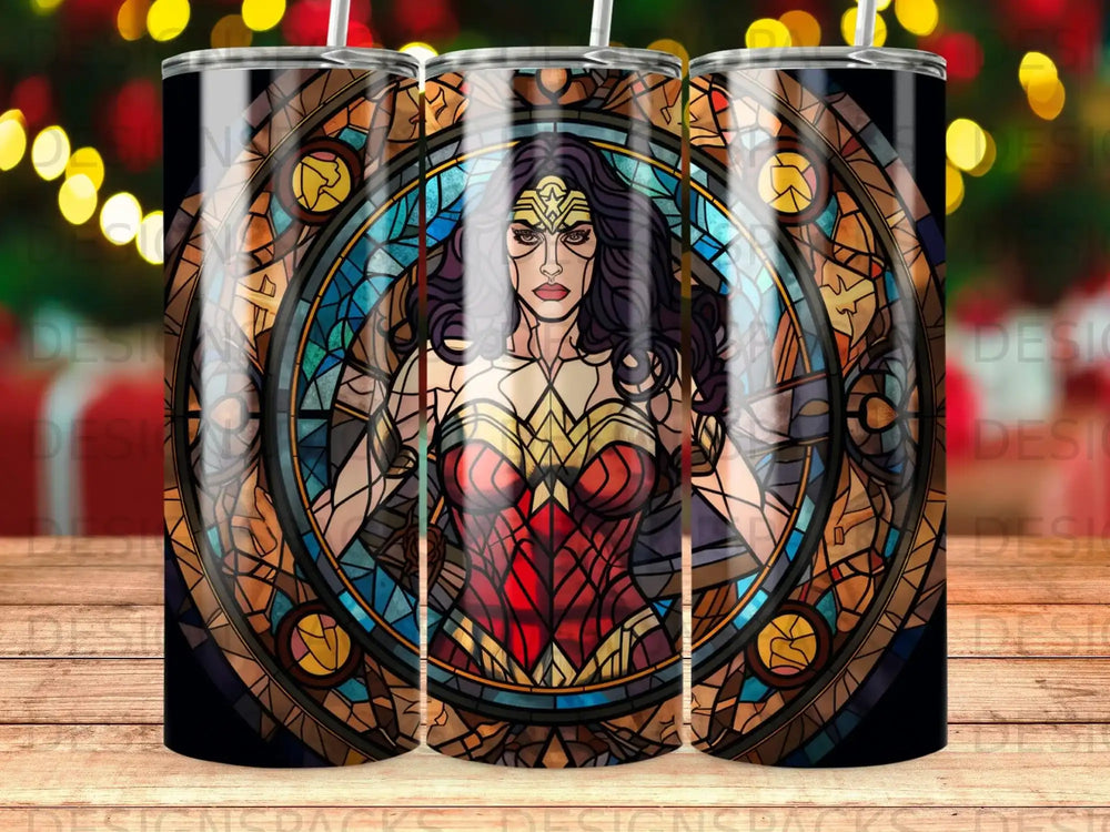 Wonder Woman stained glass tumbler with gold accents and bokeh background.