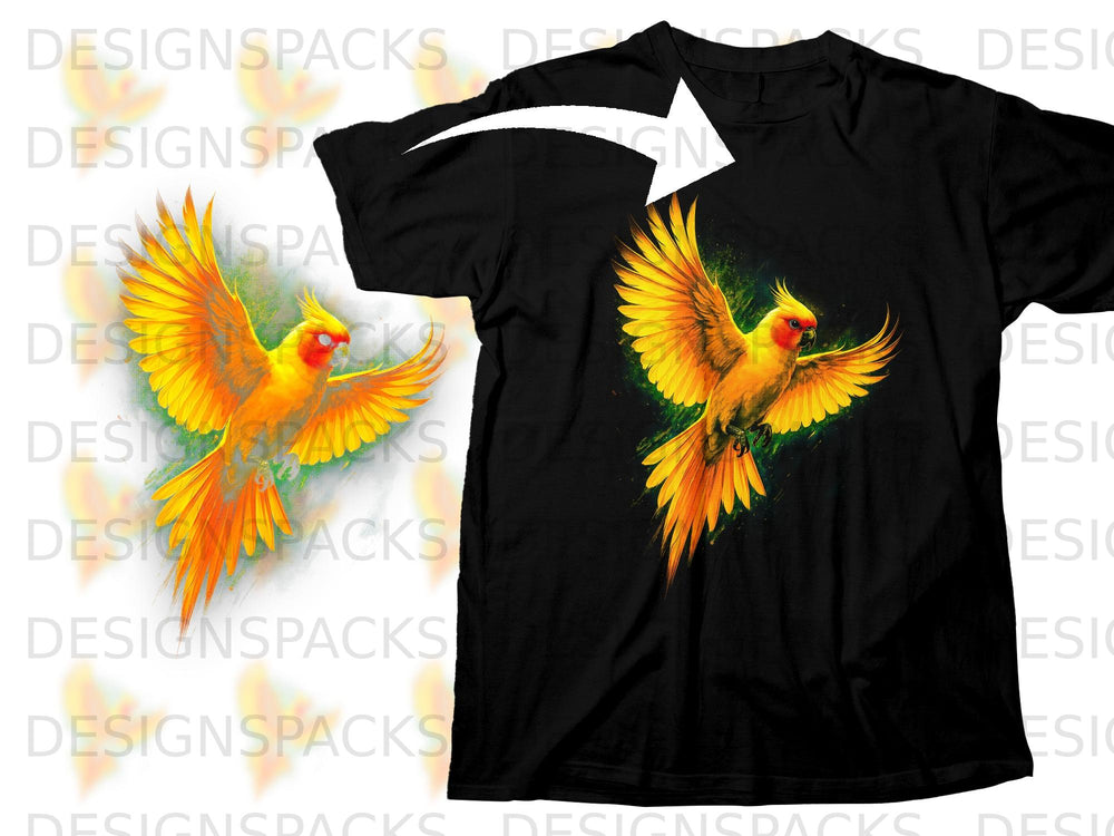 Black t-shirt with a vibrant yellow and orange parrot graphic.