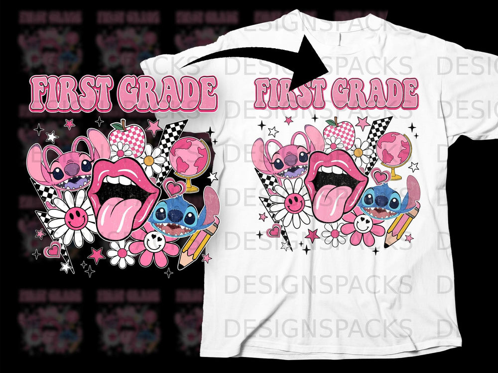 Pink "First Grade" text with Stitch characters, lips, flowers, and apples.