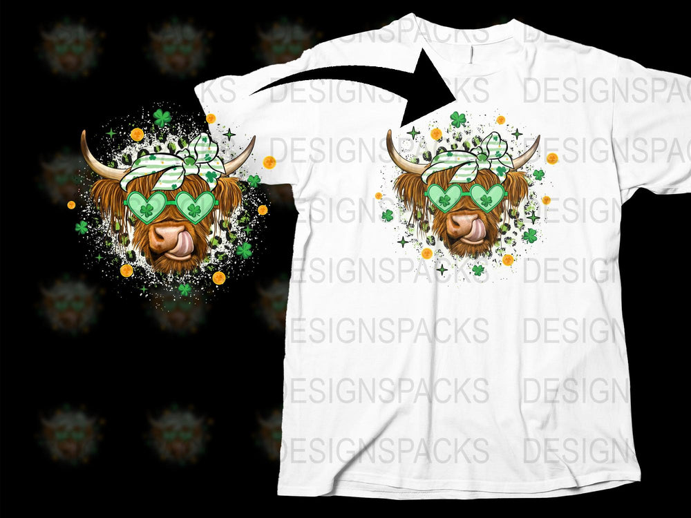 St. Patrick's Day T-Shirt with Highland Cow Graphic, Shamrock Glitter Design, Unisex White Tee
