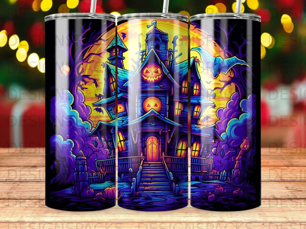 Spooky haunted house with glowing windows, bats, and a full moon.