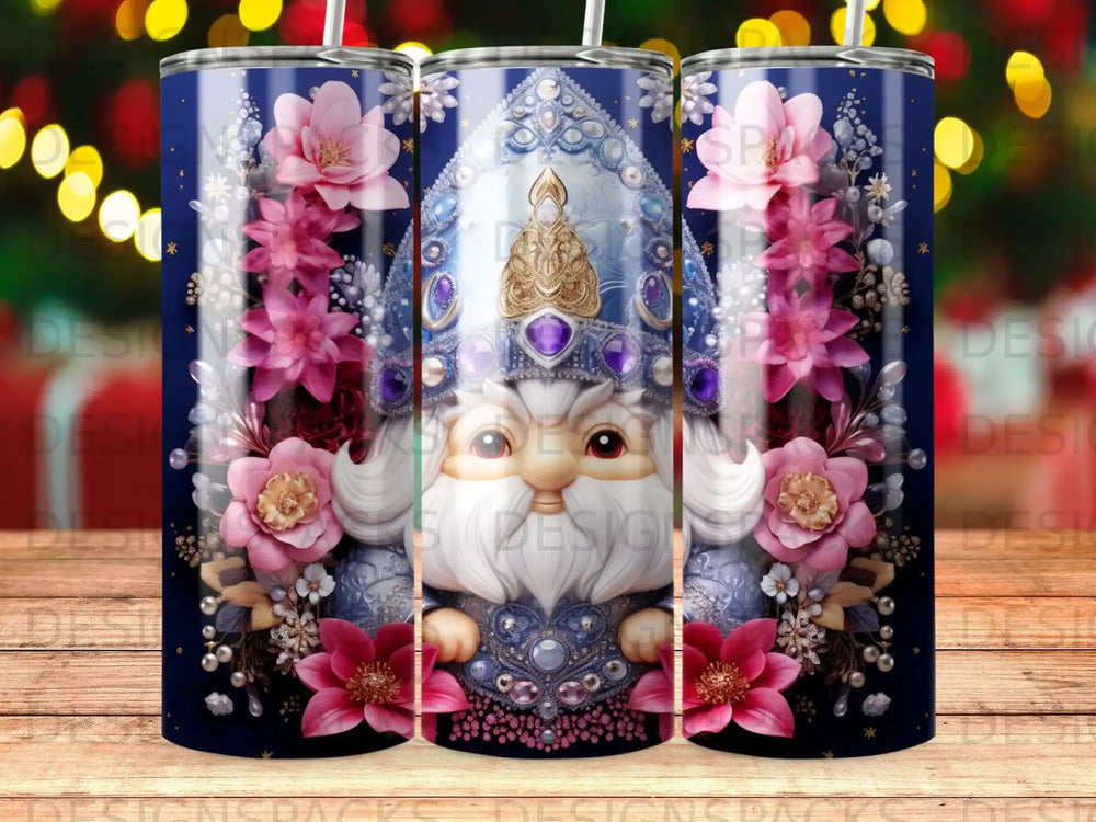 Santa Claus with flowers on a blue patterned tumbler.