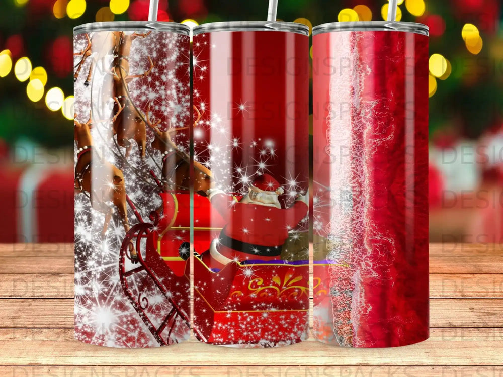 Santa's sleigh with reindeer and snowflakes on a red tumbler.