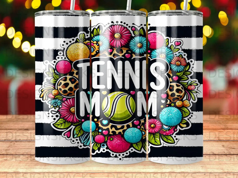 Floral "Tennis Mom" design on a striped tumbler.