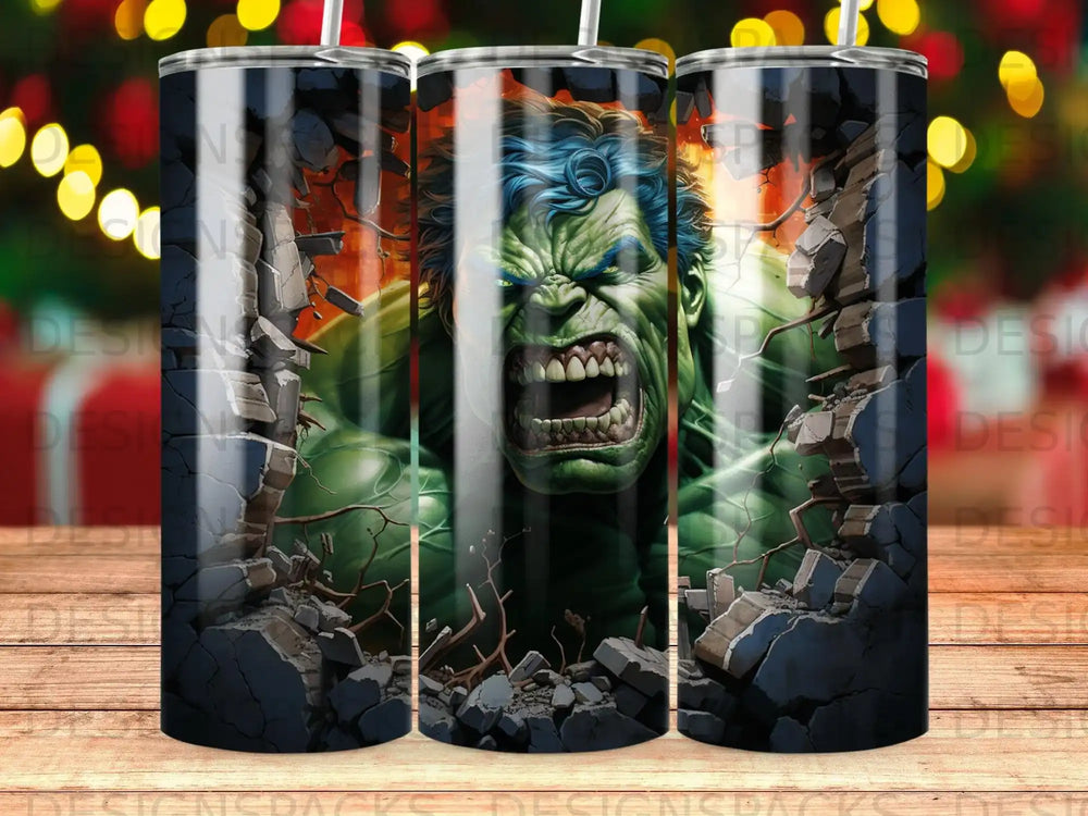 Hulk bursting through a brick wall, roaring angrily.