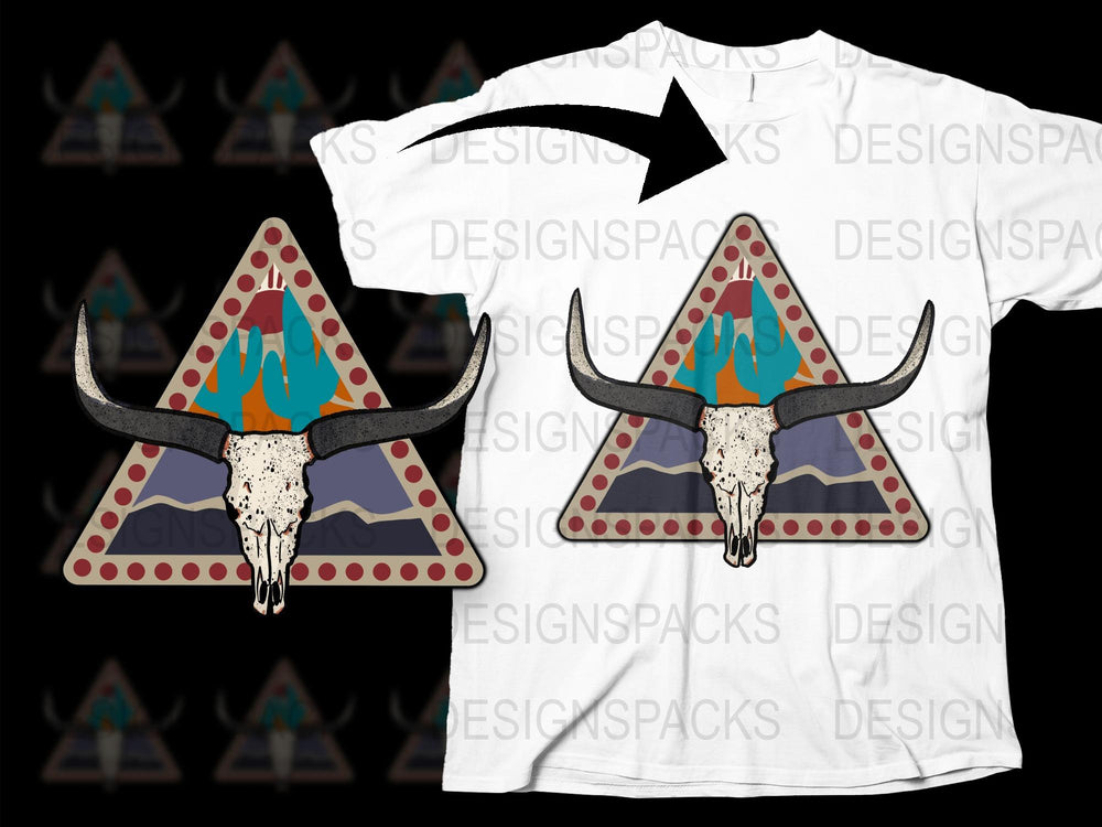 Southwest Bull Skull T-Shirt, Tribal Design, Rustic Boho Style, Unisex Graphic Tee, Casual Wear