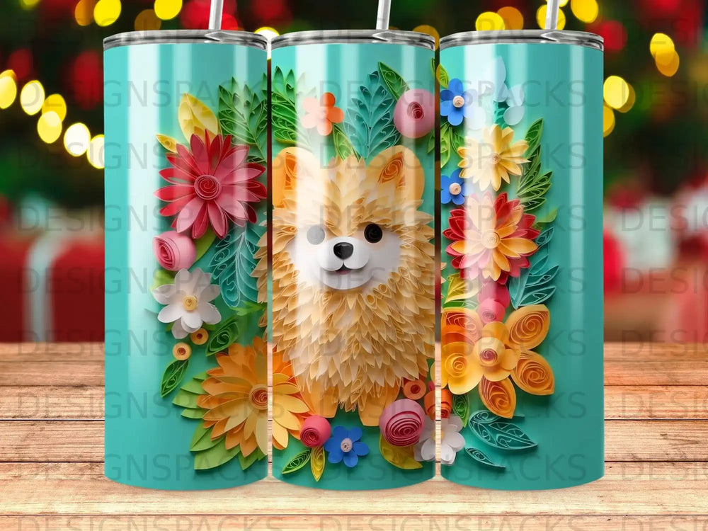 Teal tumbler with a fluffy corgi and colorful floral designs.